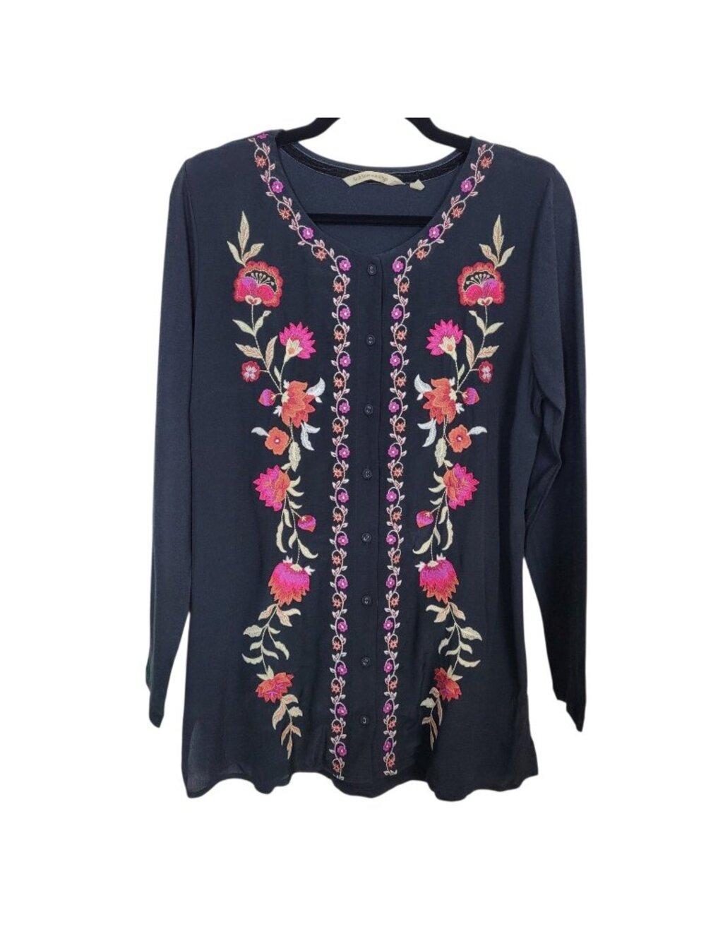 Soft Surroundings Black Heavily Embroidered Button Front Tunic Sz Med Bohemian